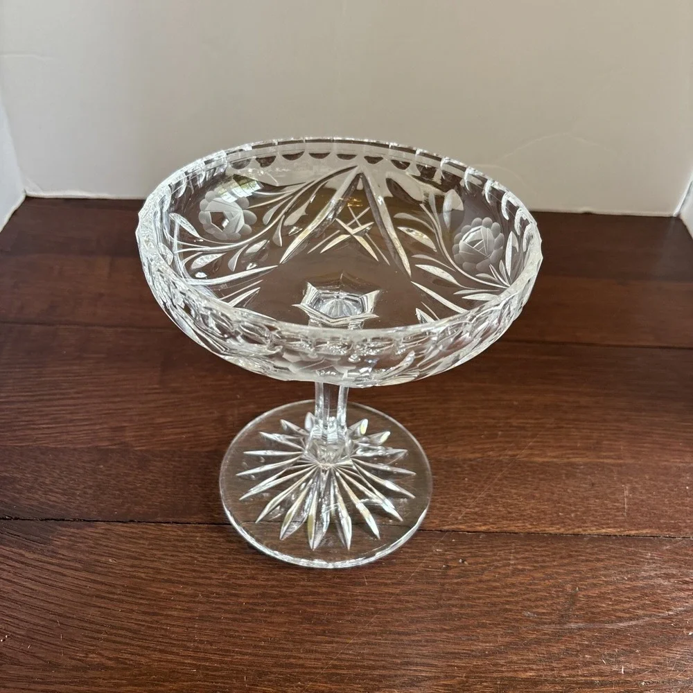 Vintage Crystal Pedestal Bowl Etched Rose Floral‎ Footed Compote Dish 6 Inch